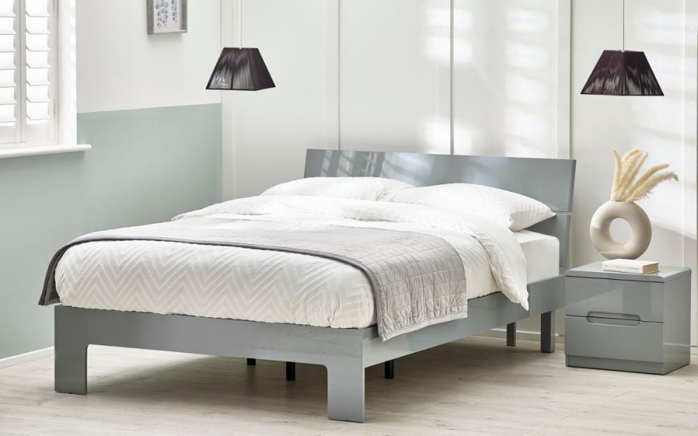 Parker Bed Frame in Grey Finish with Side Table in Bedroom Setting