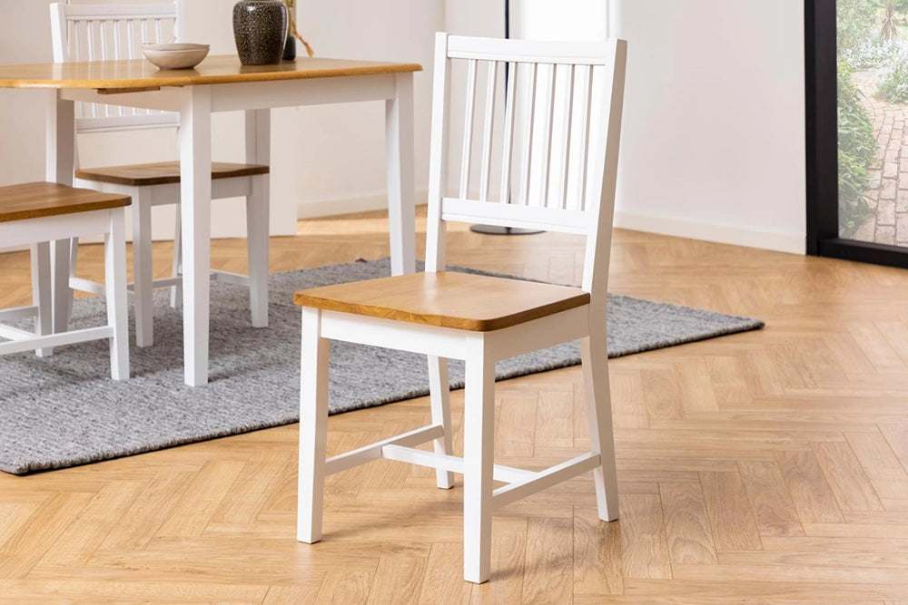 Perth Dining Chair in Matte Oak and White Finishes with Dining Table and Grey Finish Rug in Dining Setting
