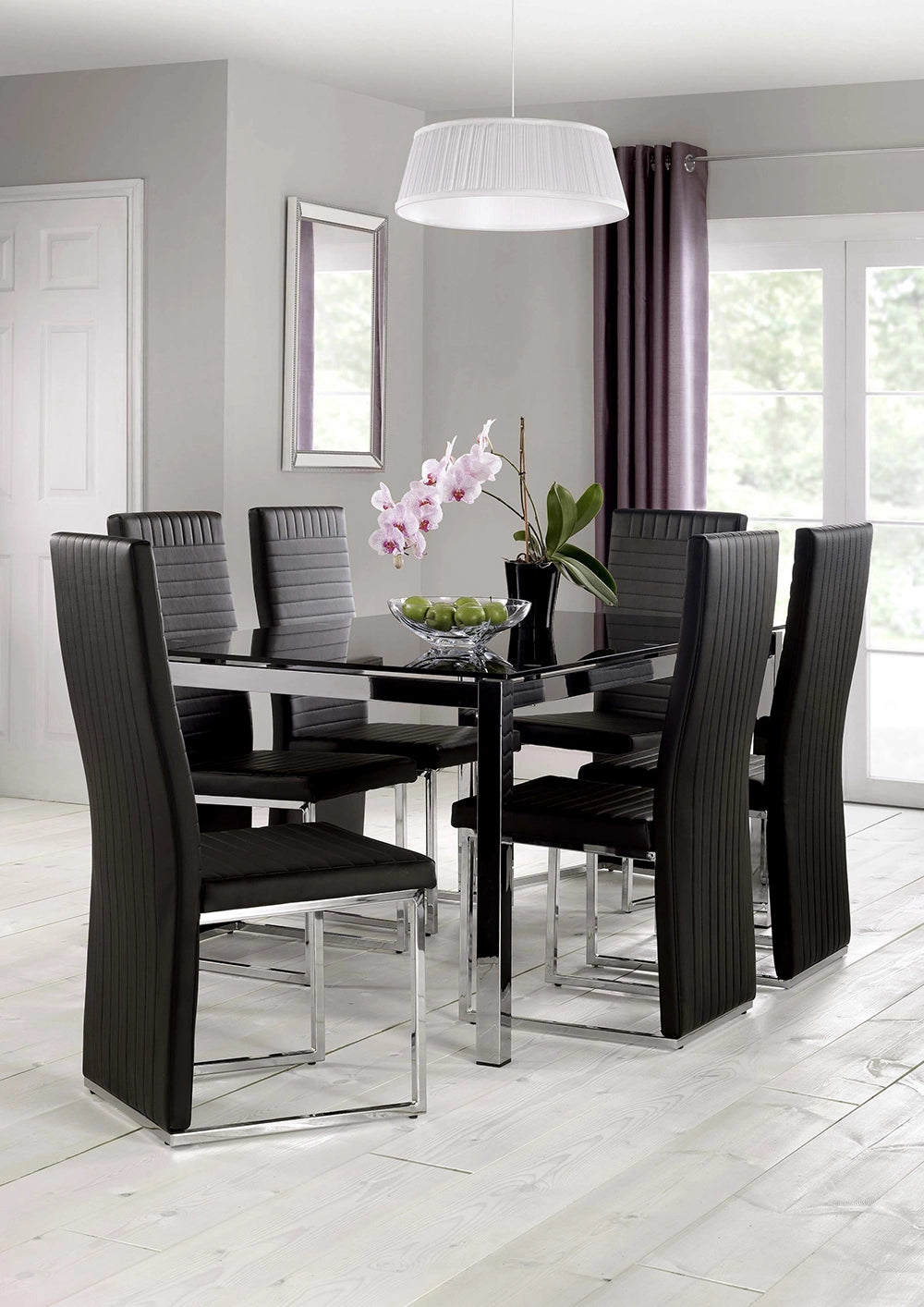 Poppy Glass Dining Table with Black Upholstered Chairs and Ceiling Lamp in Dining Setting
