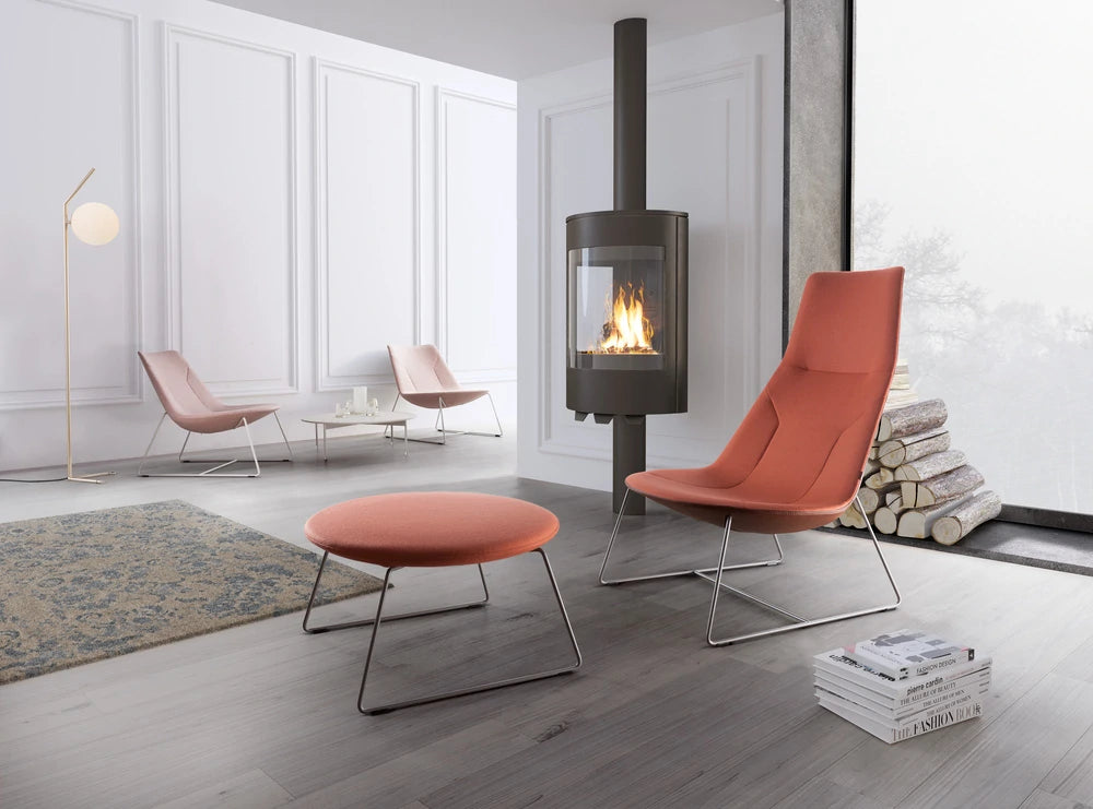 Profim Chic Soft Seating Lounge Chair in Orange Finish with Footrestand and Woods in Living Room Setting