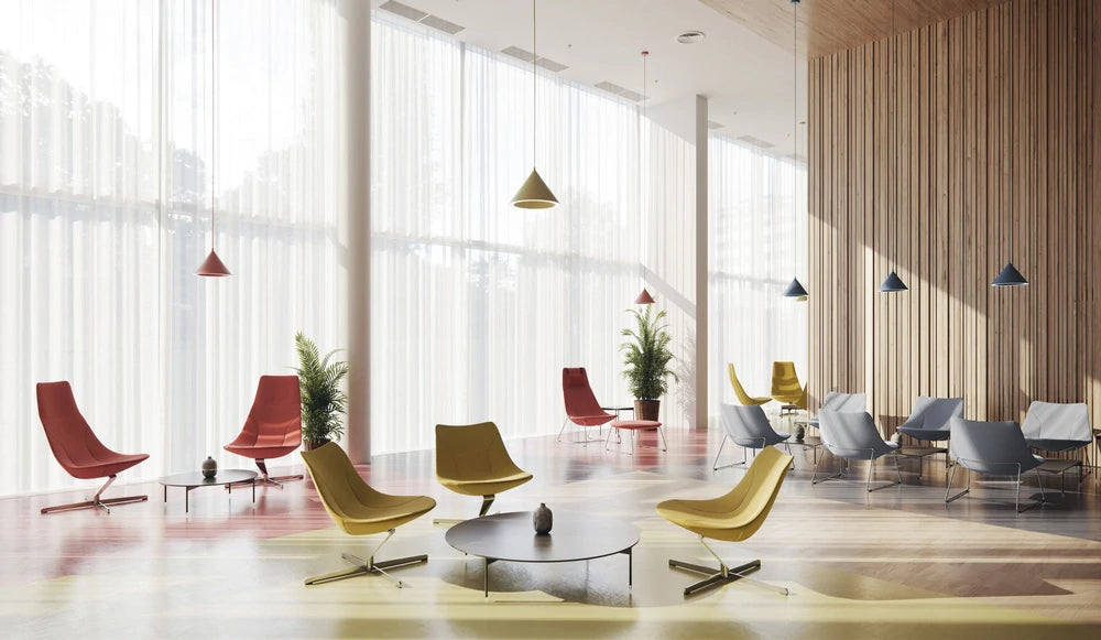 Profim Chic Soft Seating Lounge Chair with Coffee Table and Indoor Plant in Reception Setting