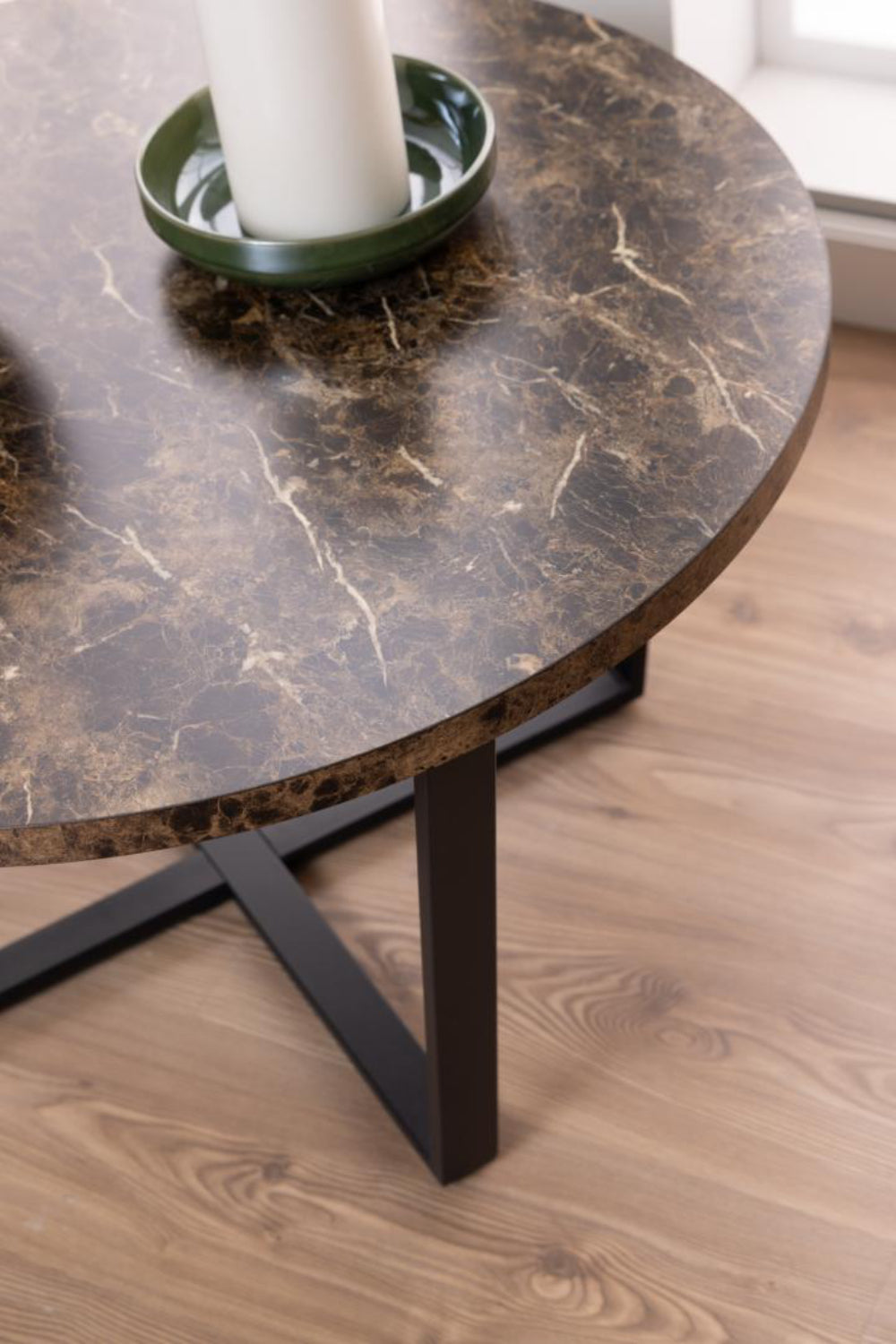 Ramble Round Coffee Table in Brown Marble Finish with Candle Detail