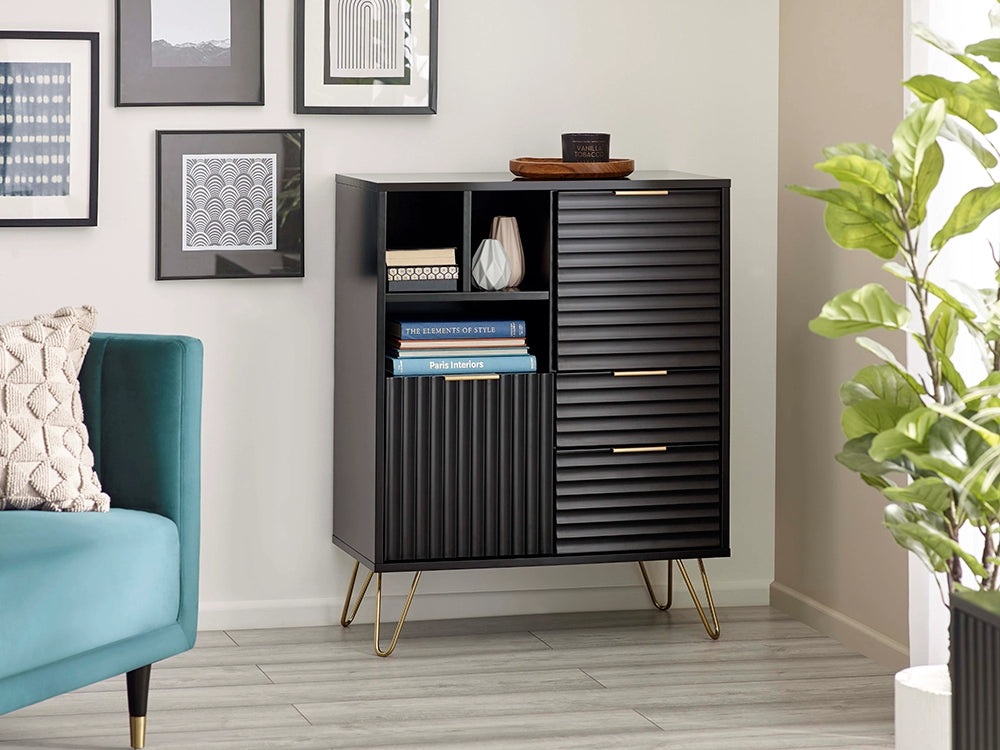 Range 2 Door 2 Drawer Sideboard in Matte Black Finish Wall Frame and Indoor Plant in Office Setting
