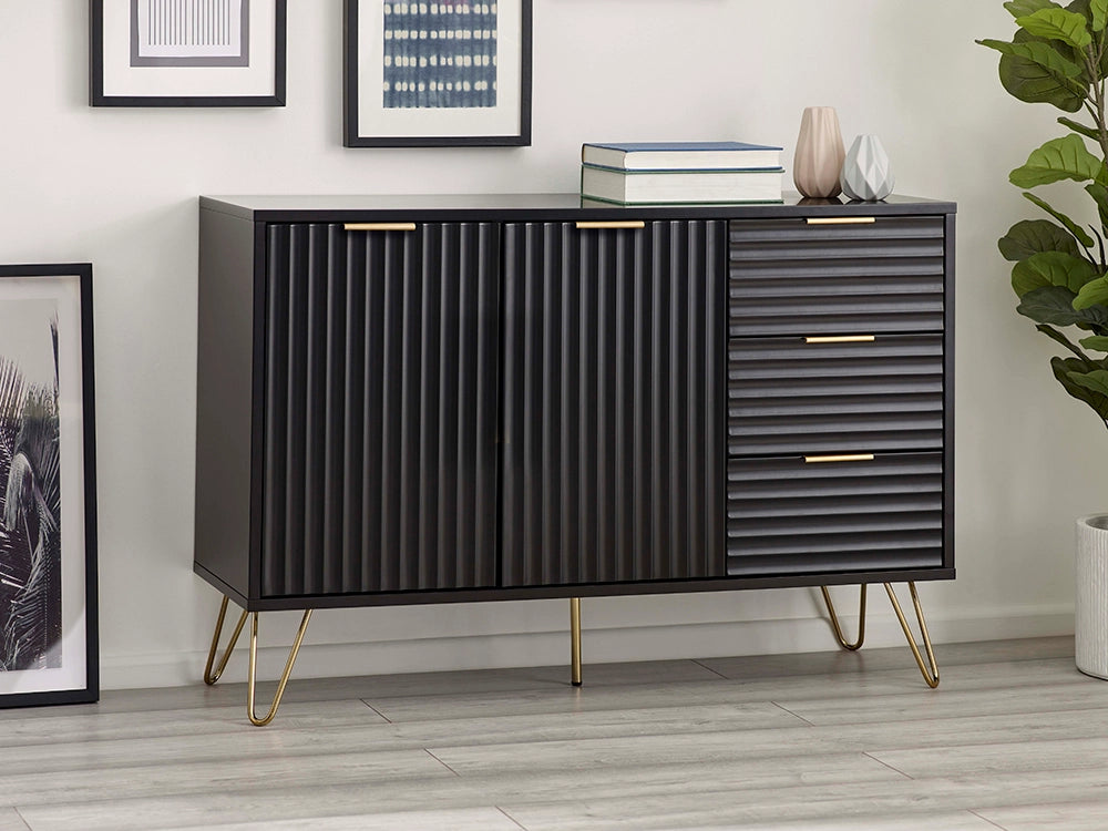 Range Large Sideboard in Matte Black Finish with Indoor Plant and Wall Frame in Office Setting