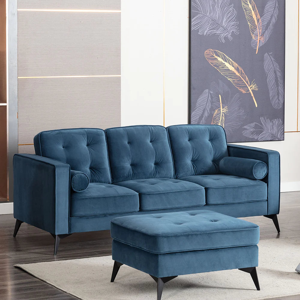 Reyna Upholstered 3 Seater Sofa in Navy Finish with Ottoman and Artpiece in Living Room Setting