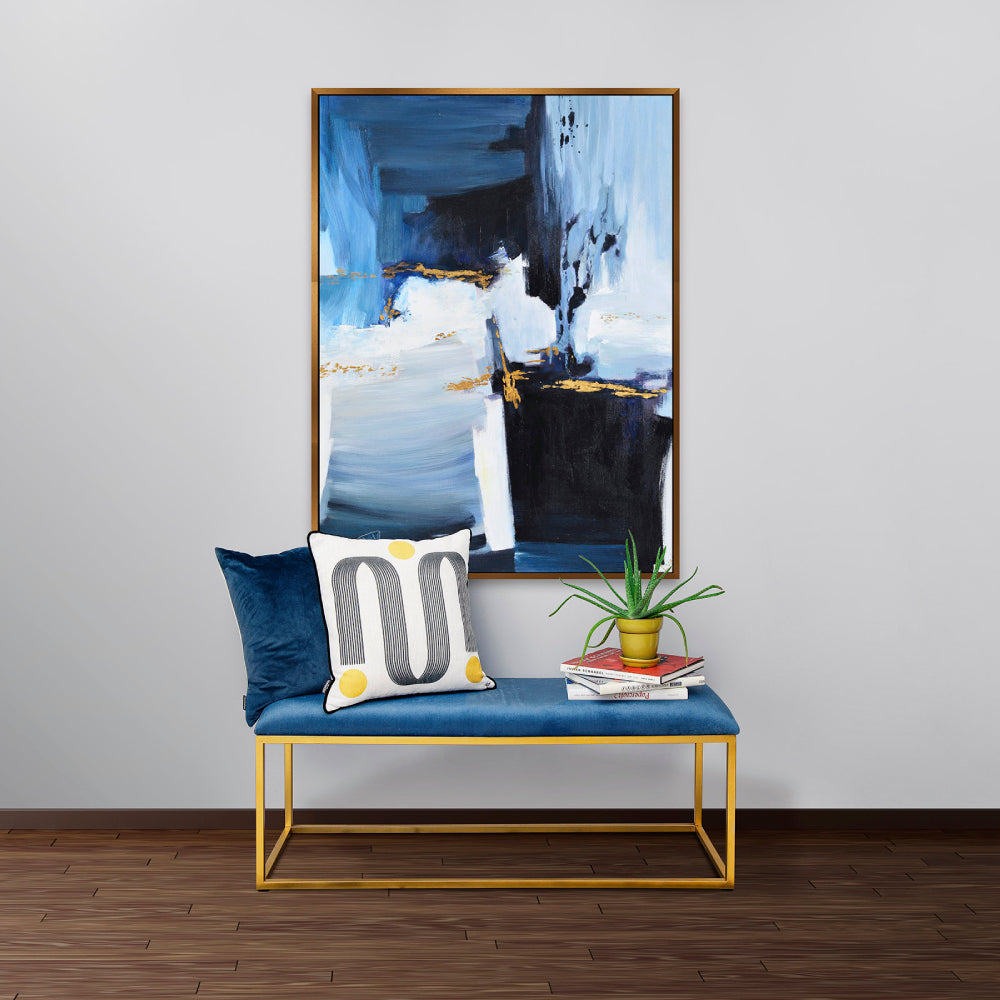 Rian Abstract Wall Art Piece with Upholstered Bench and Pillowcase in Living Room Setting