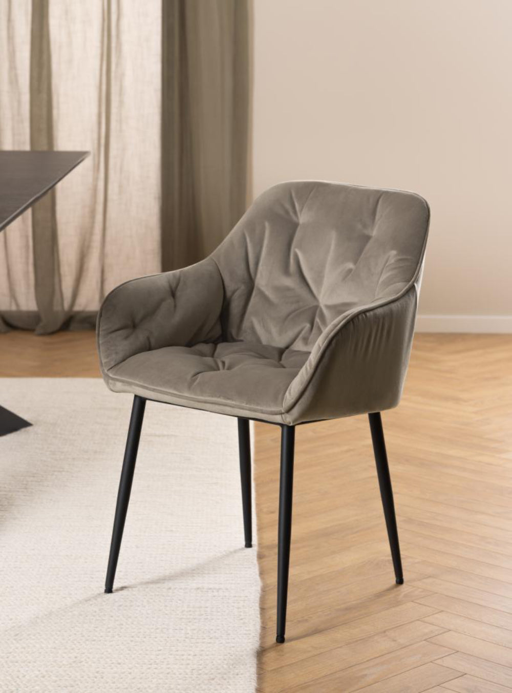 Rica Upholstered Dining Chair Beige with Floor Rug in Dining Setting