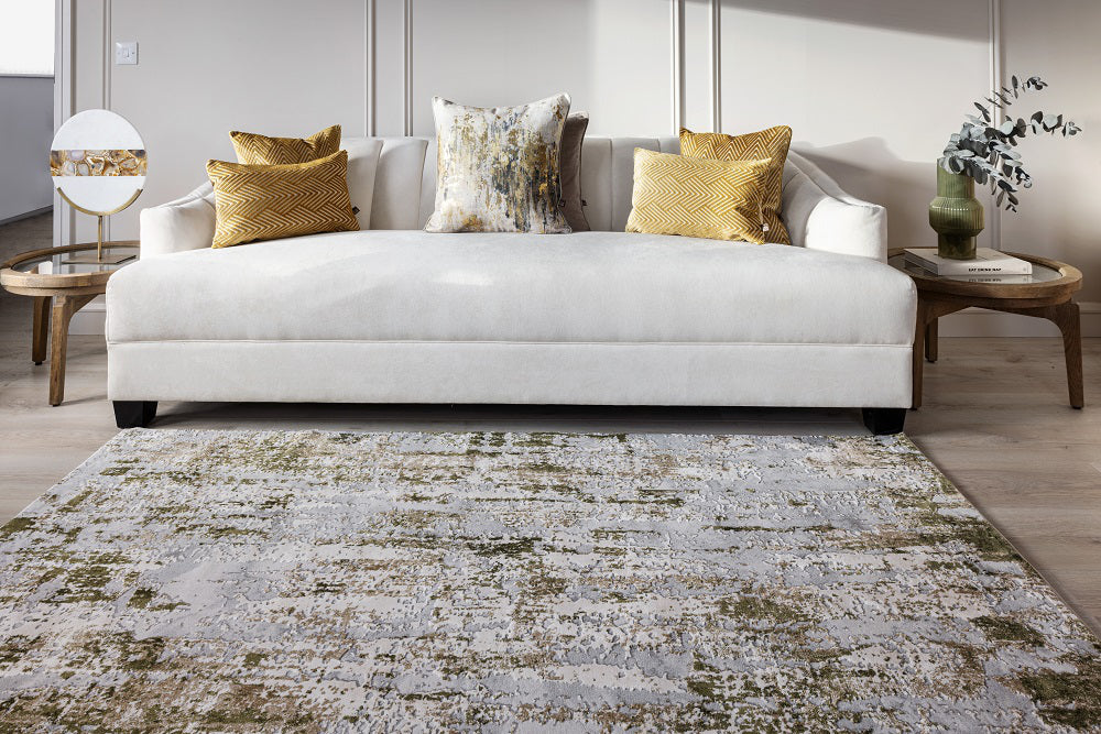 Riley Soft Rug in Moss Finish with 3 Seater Sofa and Coffee Table in Living Room Setting