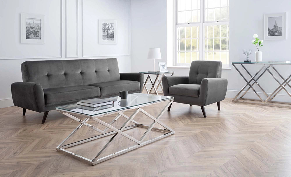 Ritz Glass Top Coffee Table with White Table Lamp and White Vase in Living Room Setting