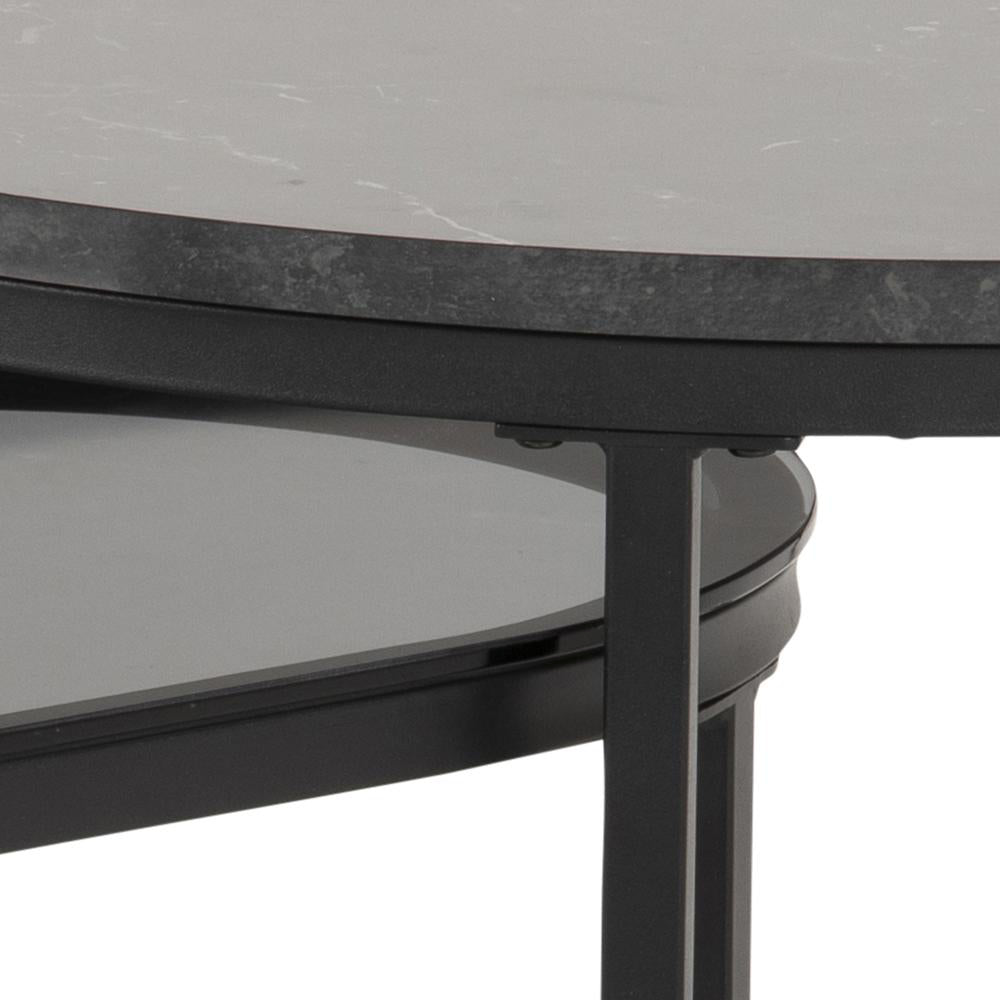 Riva Oval Round Coffee Table Smoked Glass Black Marble Edge Detail