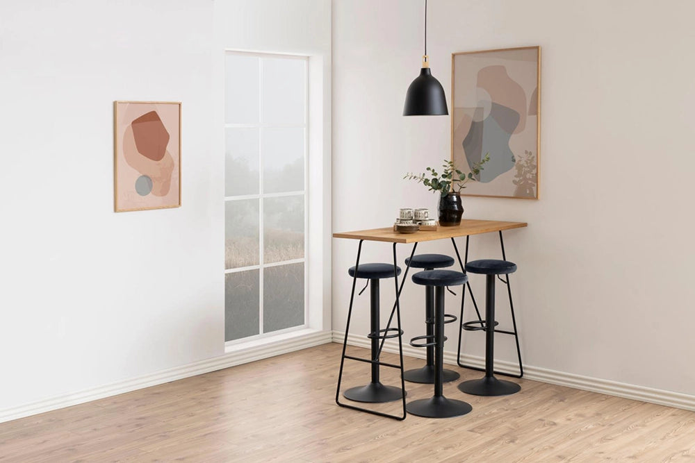 Robin Bar Stool with Footrest in Dark Grey Finish with Hightop Table and Wall Frame in Breakout Setting