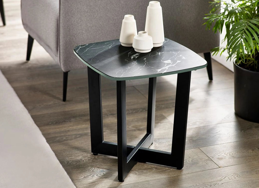Roma Lamp Table in Black Marble Finish with Indoor Plant and Grey Sofa in Living Room Setting