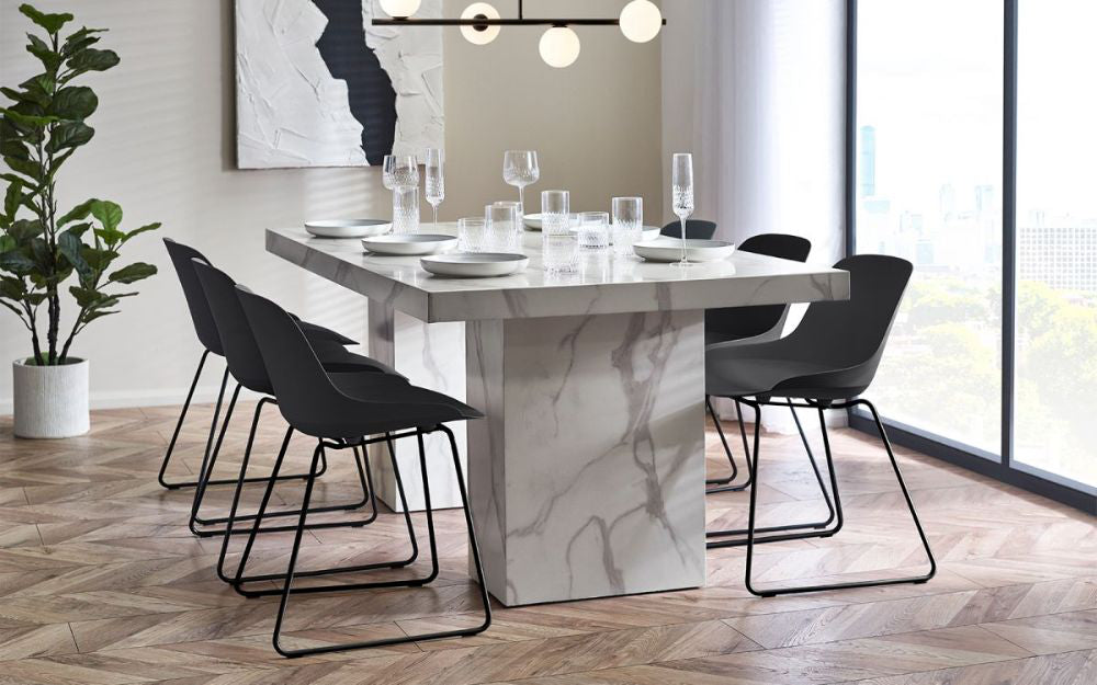 Ryker Marble Dining Table in White Finish with Chair and Indoor Plant in Dining Setting 3