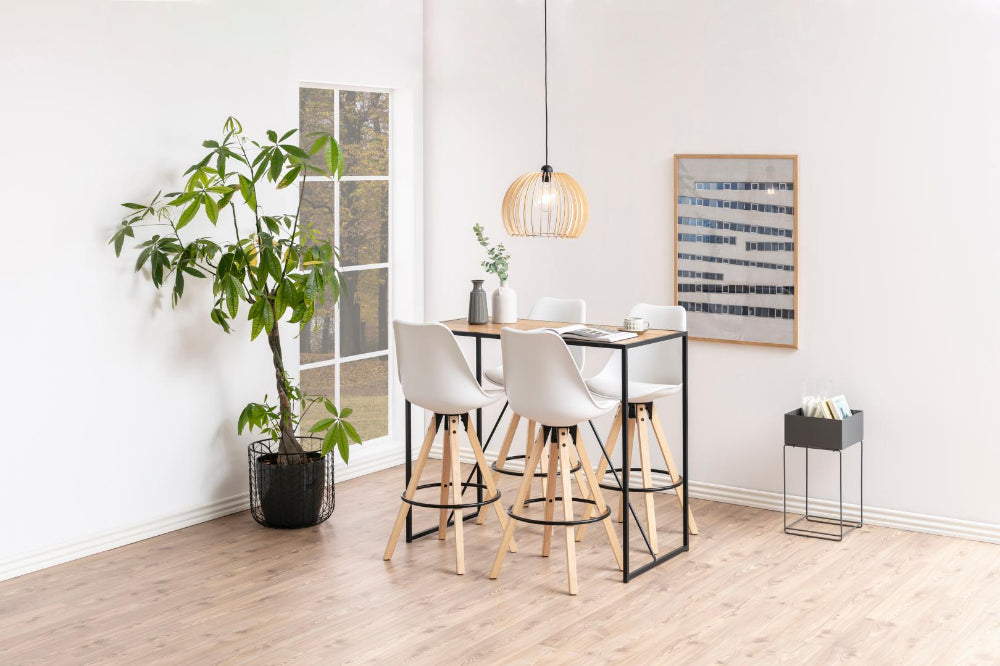 Seattle Bar Table Oak with High Stool and Indoor Plant in Breakout Setting 2