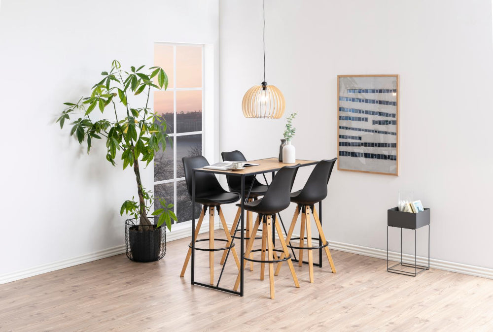 Seattle Bar Table Oak with High Stool and Indoor Plant in Breakout Setting