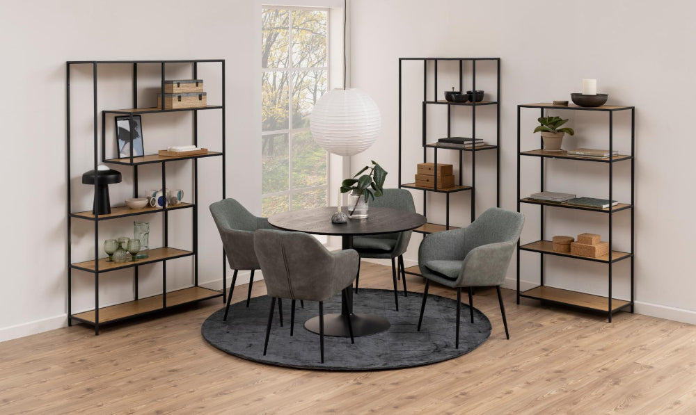 Sierra 5 Shelves Bookcase with Round Table and Armchair in Breakout Setting