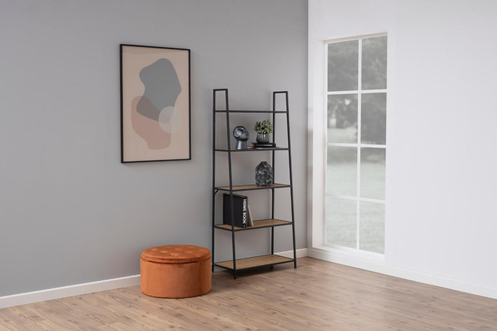 Sierra 5 Shelves Ladder Bookcase with Round Pouffe in Breakout Setting