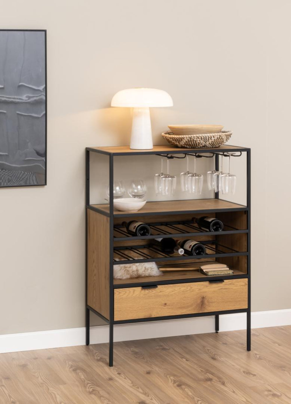 Sierra Display Cabinet with Lamp and Wine Glass in Dining Setting