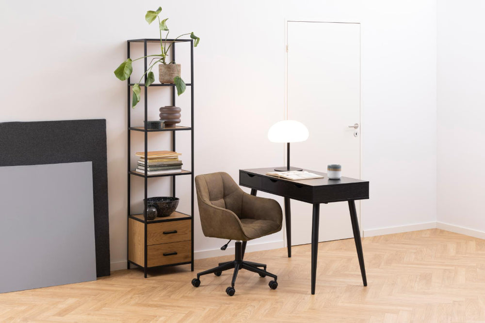 Sierra Narrow Bookcase with Home Office Desk and Mobile Chair in Breakout Setting