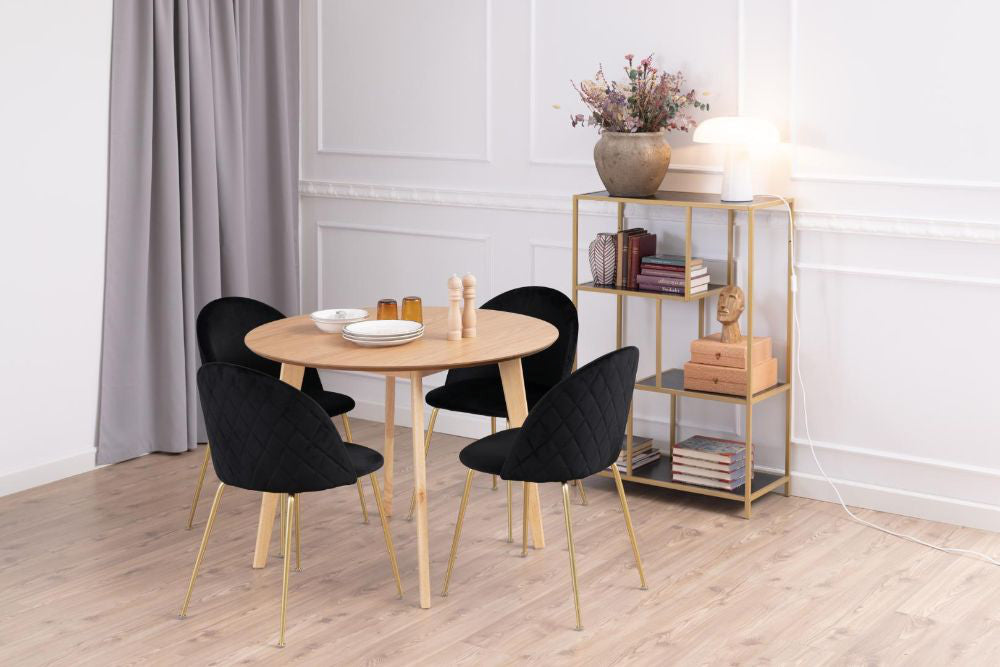 Sierra Round Dining Table Oak with Bookshelves and Lampshade in Breakout Setting