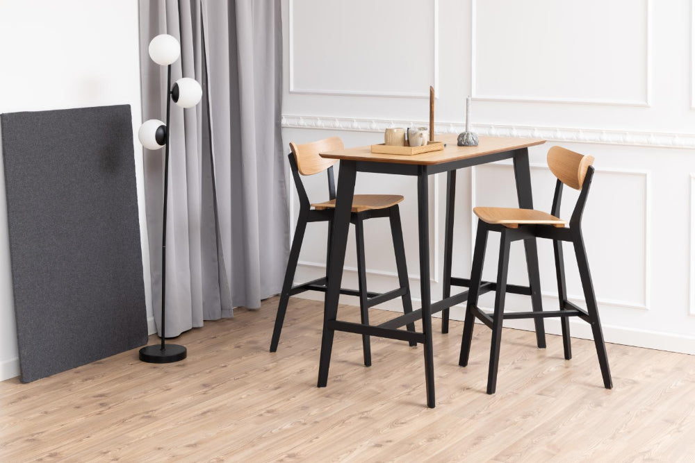 Sierra Wooden Bar Table with Floor Lamp and High Stool in Breakout Setting