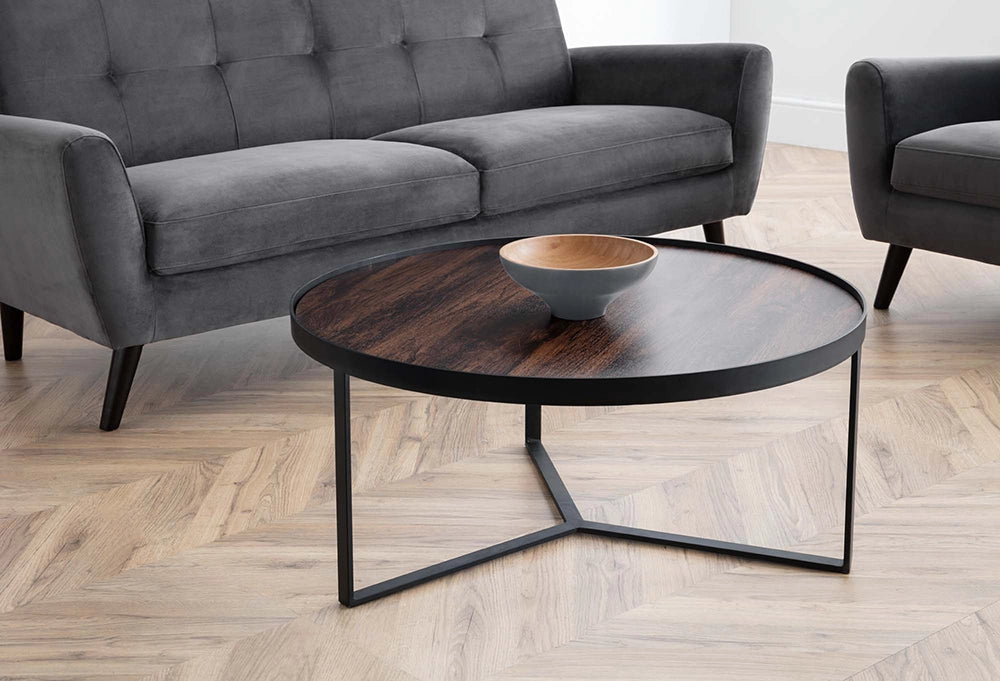 Skylar Coffee Table Walnut with Upholstered Grey Sofa and Bowl in Living Room Setting