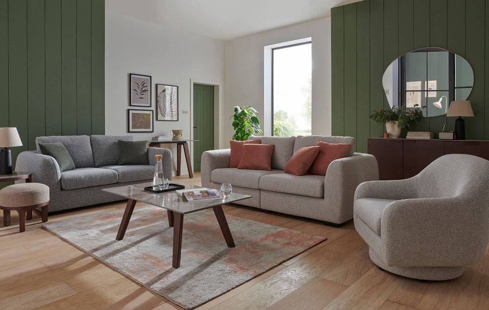 Sloane 2-Seater Sofa in Grey Finish with Accent Chair and Coffee Table in Living Room Setting