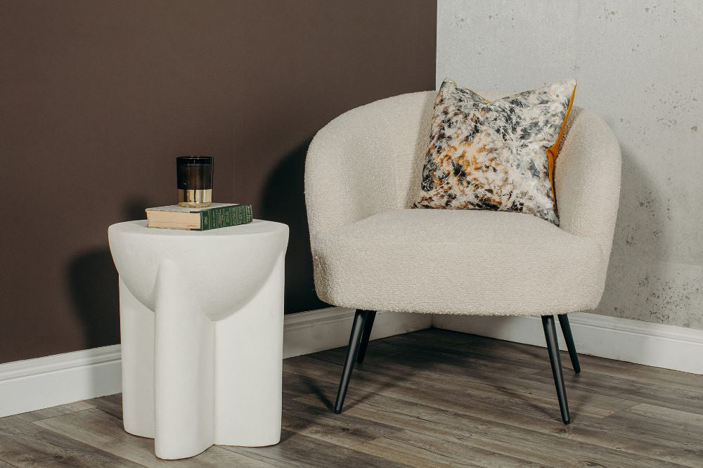 Spencer Accent Chair in Cream Finish with Side Table in Living Room Setting