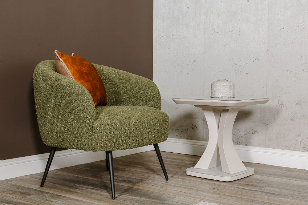 Spencer Accent Chair in Olive Finish with Cushion and Side Table in Living Room Setting