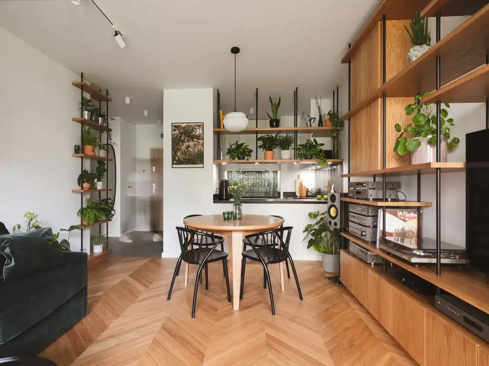 Sudoku Wooden Dining Chair in Black Finish with Round Table and Sofa in Living Room Setting 2