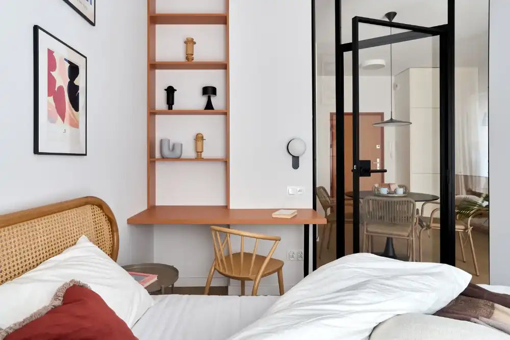 Sudoku Wooden Dining Chair with Wall Frames and Built in Shelves in Bedroom Setting