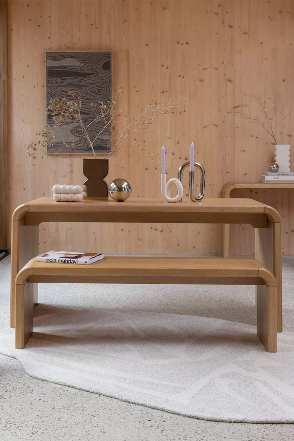 Teagan Wooden Bench with Table and Floor Rug in Dining Setting