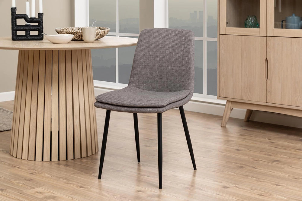 Teddi Dining Chair in Brown Finish with Round Top Table and Wooden Cabinet in Dining Setting