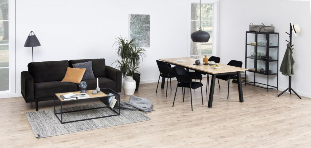 Theo Dining Chair in Black Finish with 2 Seater Sofa and Floor Lamp in Dining Setting
