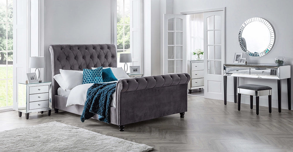 Tina Button Tufted Bed in Grey Finish with White Lamp Shade and Picture Frame in Bedroom Setting