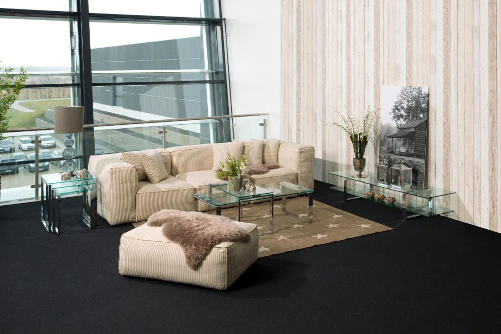 Trina Coffee Table Clear Glass and Chrome with Sofa and Nesting Table in Living Room Setting