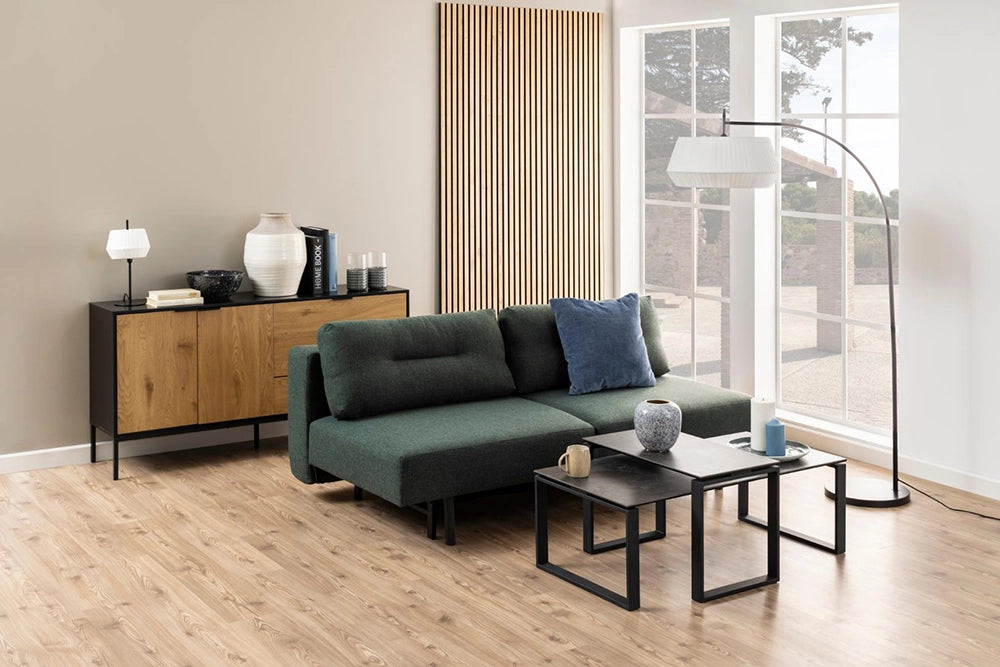 Trina Coffee Table Grey in Black Finish with Modular Sofa and Wooden Cupboard in Living Room Setting