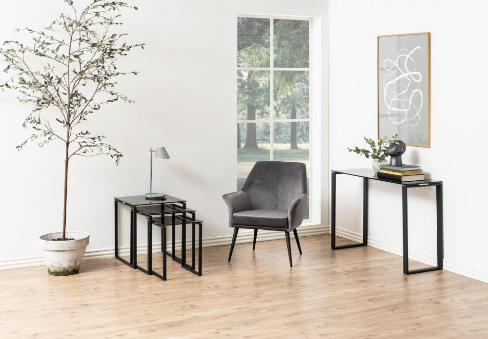 Trina Hall Table Smoked Tempered Glass with Indoor Plant and Lounge Chair in Living Room Setting