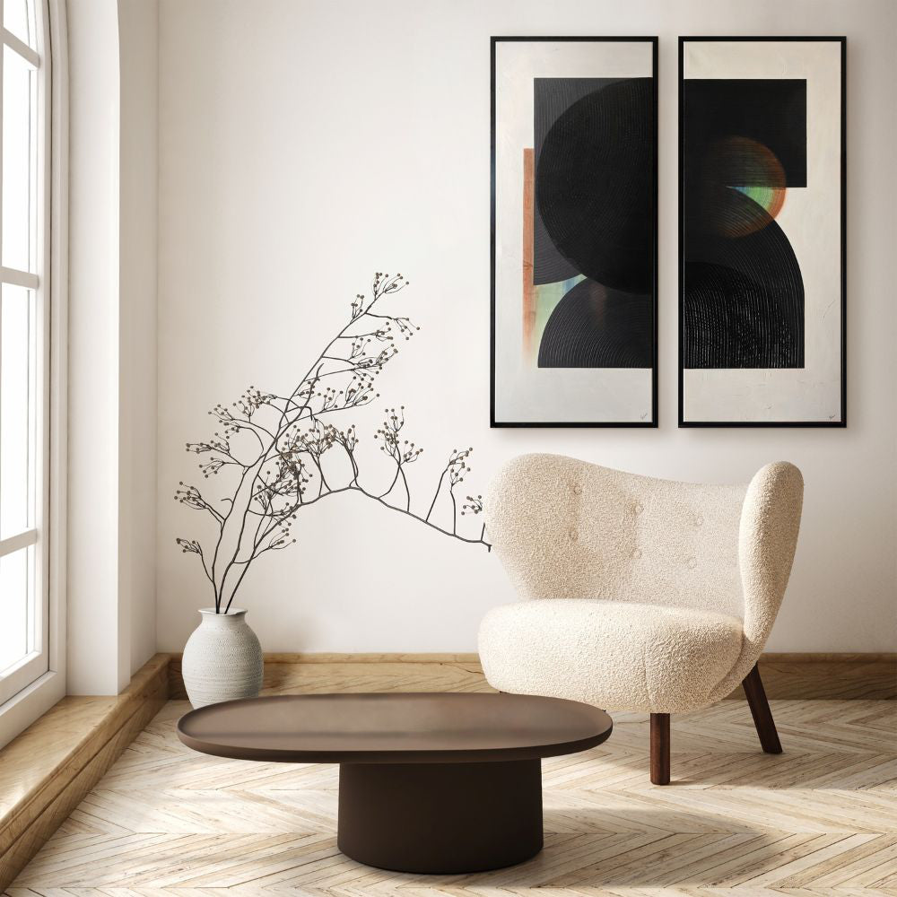 Tristen Abstract Wall Art with Lounge Chair and Coffee Table in Living Room Setting