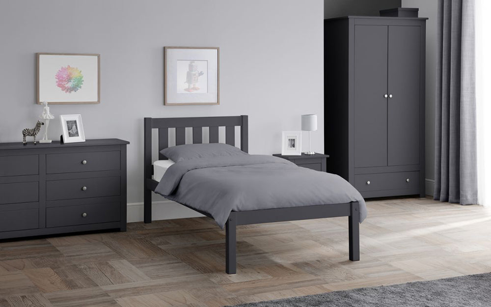 Una 3"0' Bedframe in Anthracite Finish with Wardrobe and Lampshade in Bedroom Setting