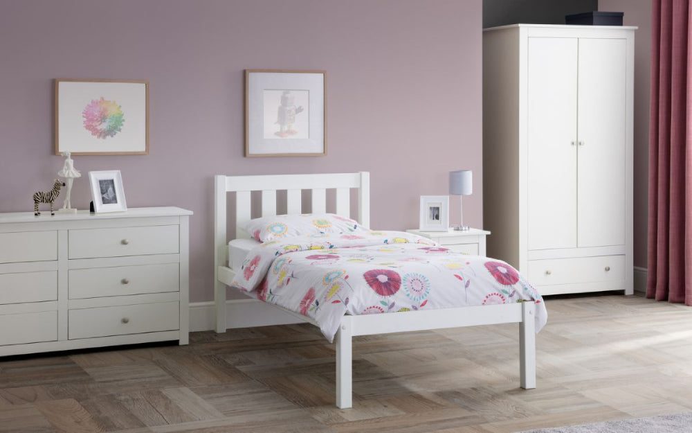 Una 3"0' Bedframe in Surf White Finish with Wardrobe and Lampshade in Bedroom Setting