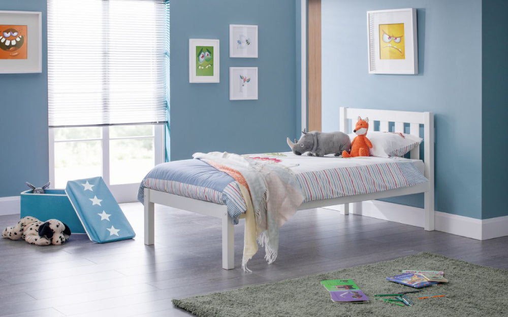 Una 3"0' Bedframe in Surf Whitey Finish with Toys and Frames in Bedroom Setting