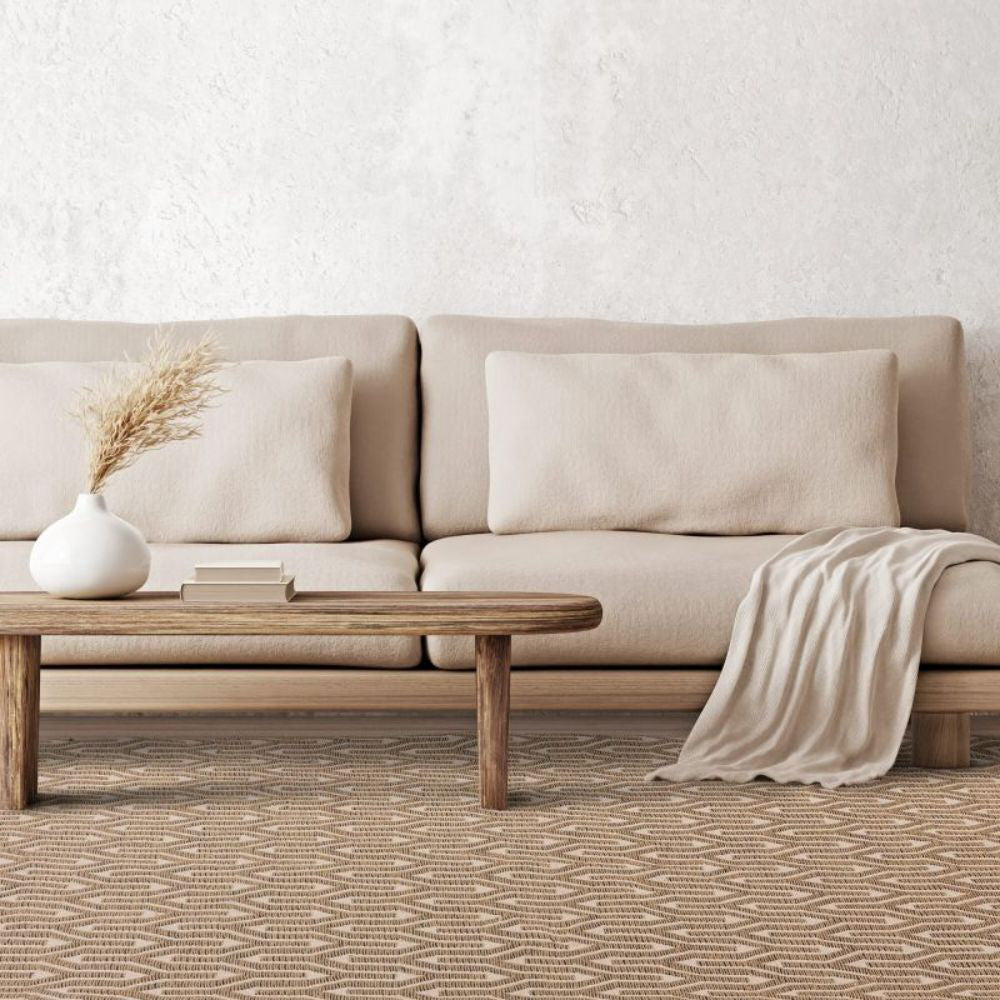 Uni Cream Lattice Rug with Wooden Coffee Table and Sofa in Living Room Setting
