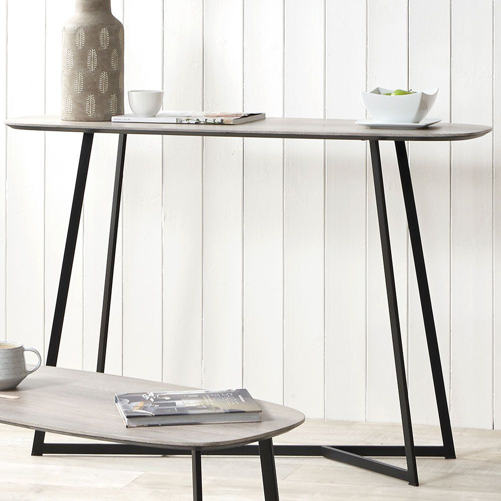 Utah Grey Oak Veneer and Black Metal Hall Table with Coffee Table in Living Room Setting