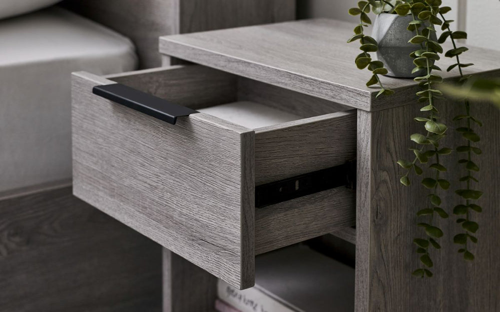 Verona 1 Drawer Bedside Table Grey Oak Drawer Open in Bedroom Setting