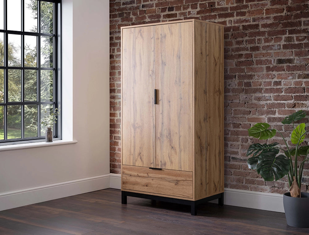 Verona 2 Door 1 Drawer Wardrobe in Wooden Finish with Indoor Plant in Bedroom Setting