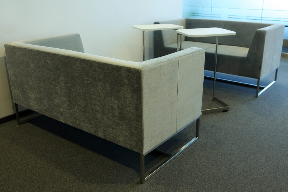 Verso Upholstered 2 Seater Sofa in Grey Finish with Hightop Table in Breakout Setting