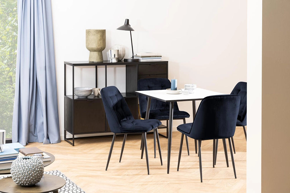 Vicky Dining Chair in Midnight Blue Finish with White Top Table and Table Lamp in Dining Setting