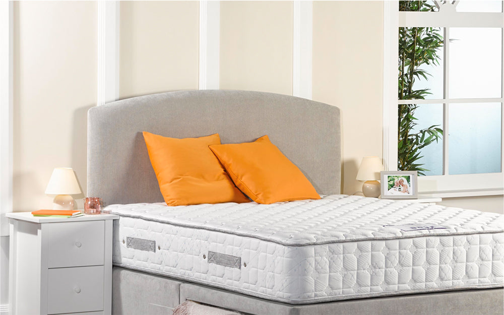 Vouge Headboard 24" High in Grey Finish with Orange Pillows Beside White Bedside Cabinet in Bedroom Settings