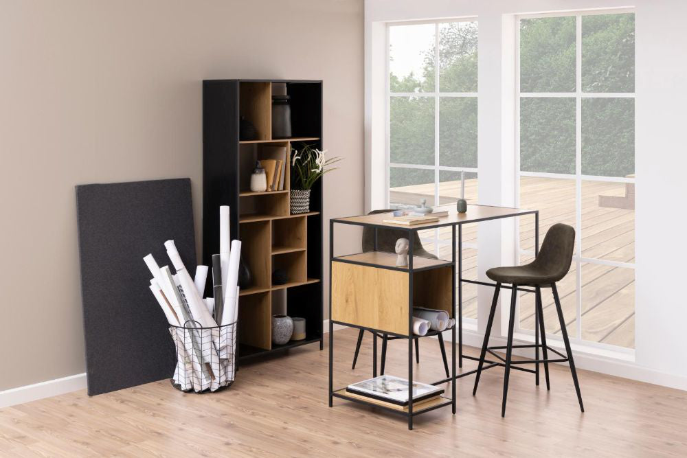 Walt Hall Table Matt Wild Oak with High Stool and Bookshelves in Office Setting 2